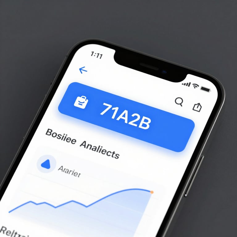 A close-up of a sleek, modern smartphone displaying a minimalist user interface for a business analytics app, featuring clean lines and #71A2B6 color accents.