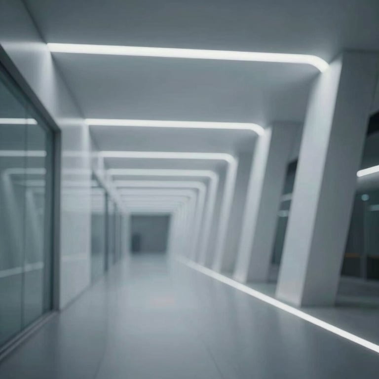 A futuristic architectural corridor with rhythmic geometric lines and integrated lighting, symbolizing progress and scalable infrastructure.