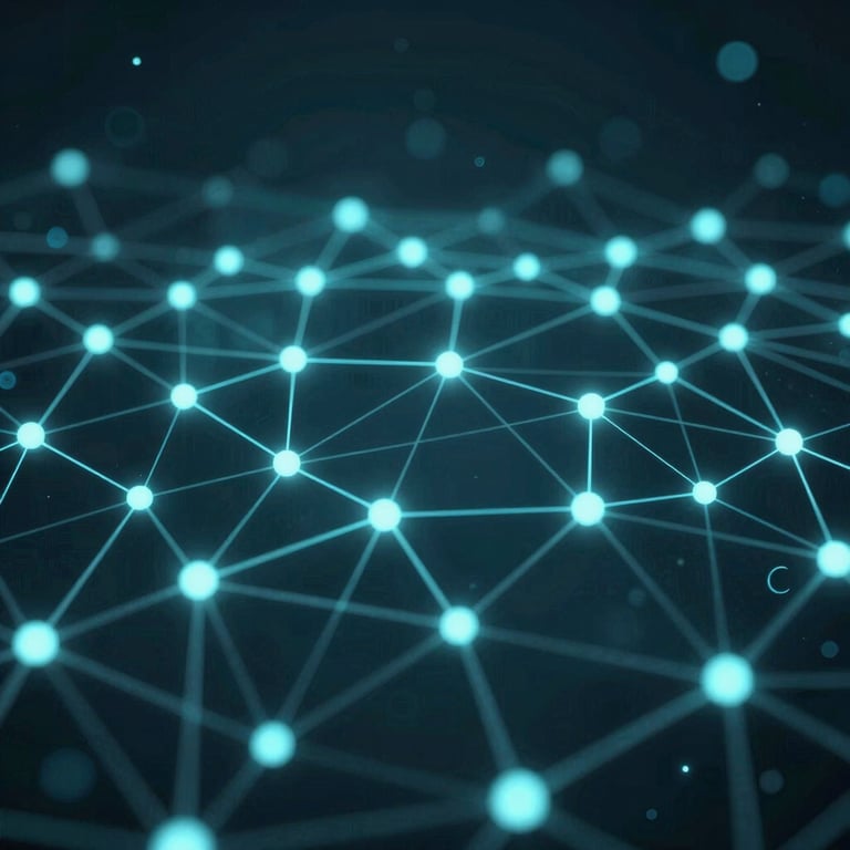 An abstract 3D rendering of glowing interconnected data nodes moving through a deep teal digital space (#1A2E35), representing global connectivity.