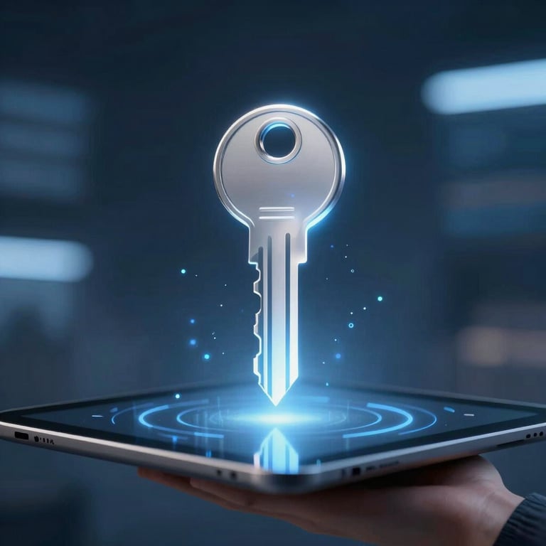 A conceptual image of a glowing digital key floating above a tablet, representing secure and reliable software solutions, using a sophisticated blue and white palette.