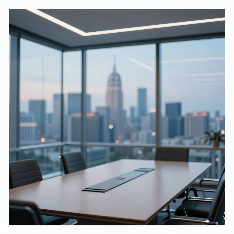 A professional corporate setting with a glass-walled conference room overlooking a modern city skyline at dusk, with soft interior lighting in #EDF2F4 tones.