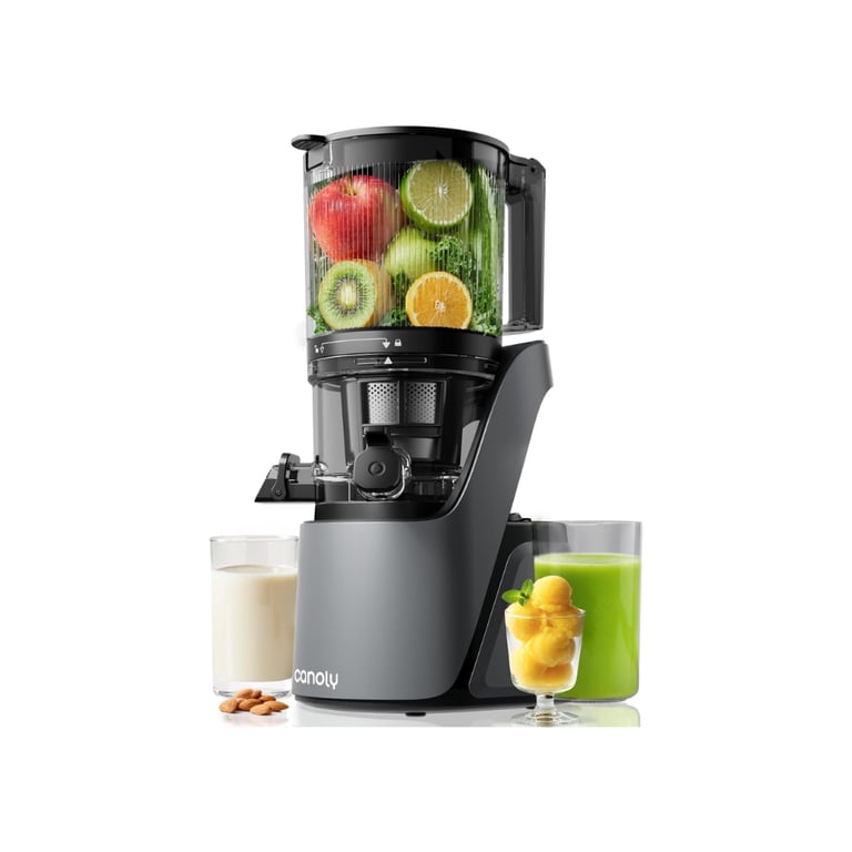Canoly masticating cold press juicer filled with fresh fruits and vegetables next to green juice and sorbet.