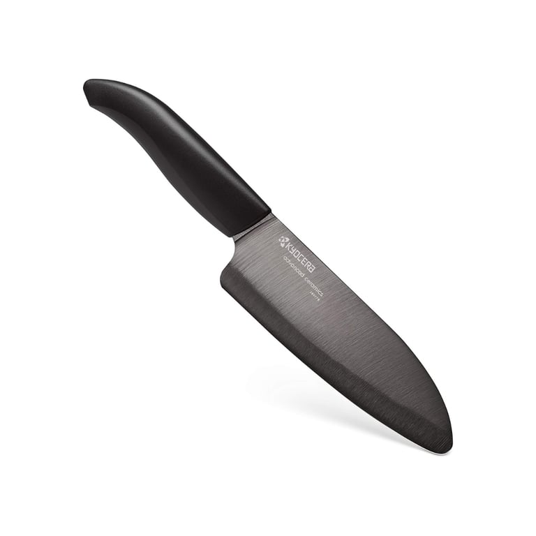 Kyocera advanced ceramic chef's knife with a black blade and ergonomic handle for precision cutting.