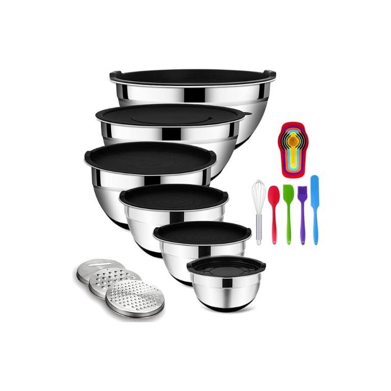 A set of stainless steel mixing bowls with airtight lids, grater attachments, and colorful silicone kitchen utensils.