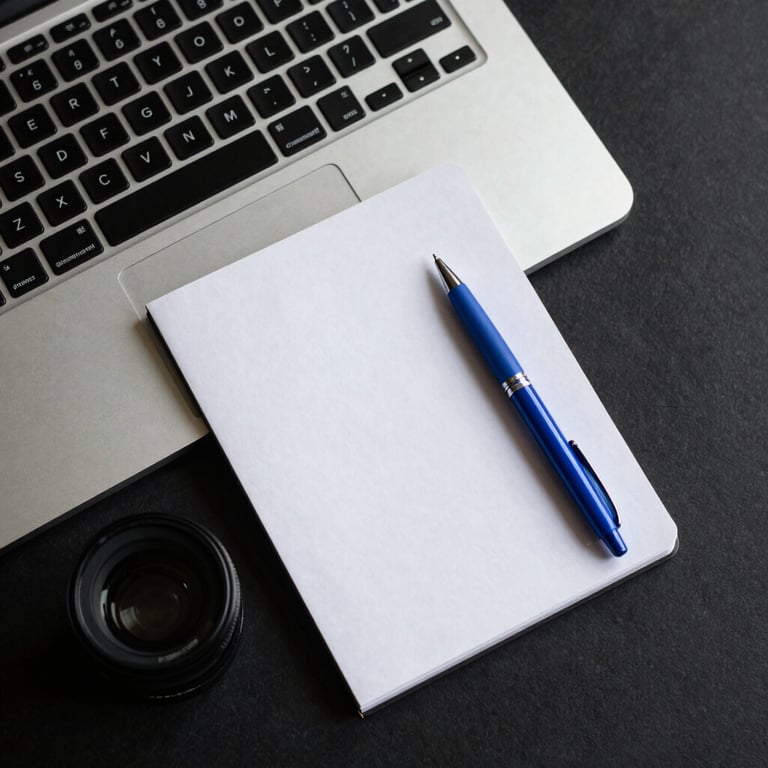 Minimalist workspace with a silver laptop, white notepad, and a blue pen, shot from an overhead angle.