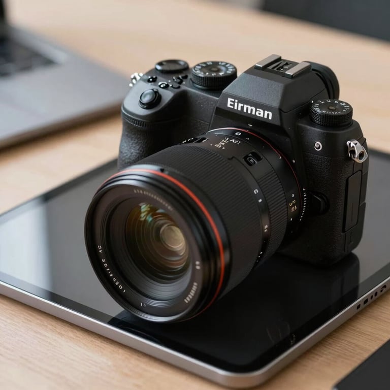 Close-up of a high-quality camera and tablet on a desk, representing modern digital content creation.