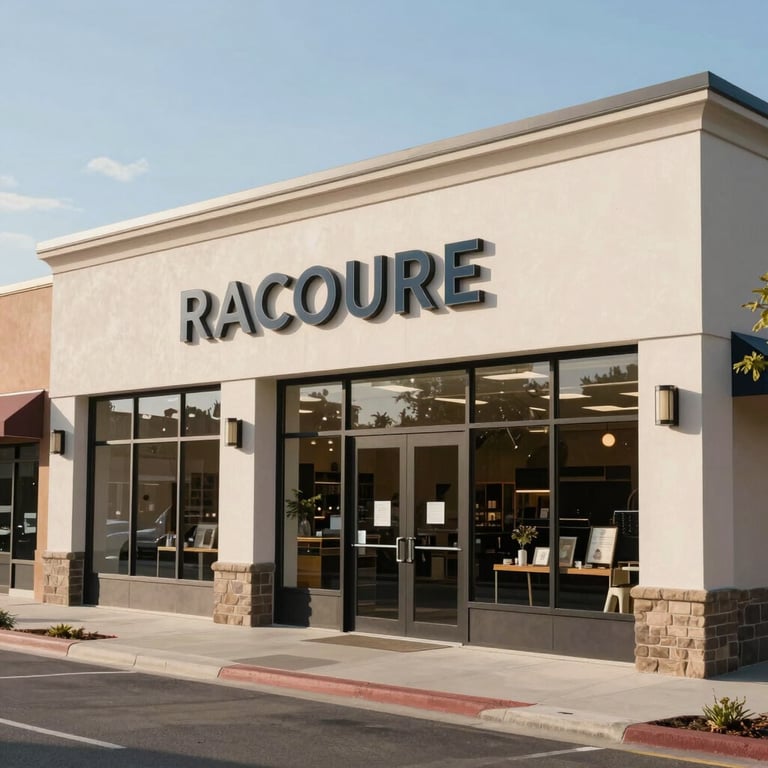 A wide shot of a clean, sophisticated storefront in a modern US suburban shopping district.
