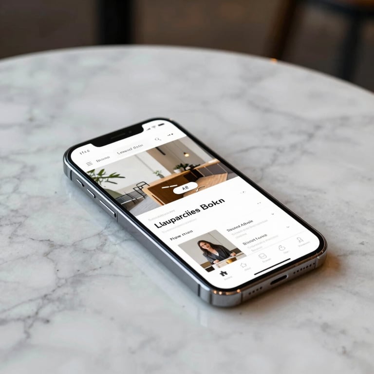A sleek smartphone resting on a marble tabletop in a bright cafe, displaying a clean and responsive website.