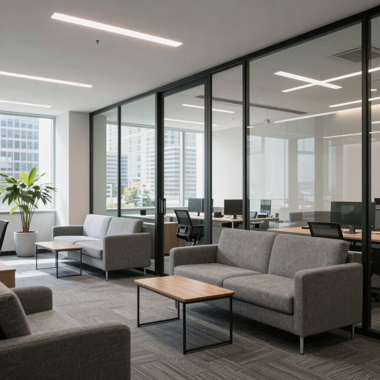 A bright, airy commercial office space in a US city with glass partitions and modern gray furniture.