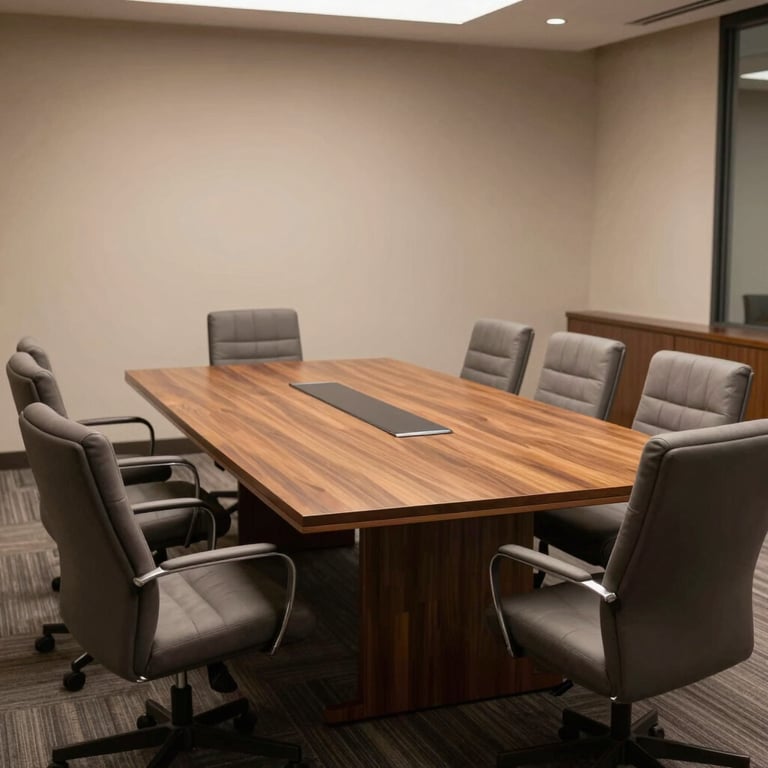 A professional meeting room in North America with comfortable chairs and a large wooden conference table.