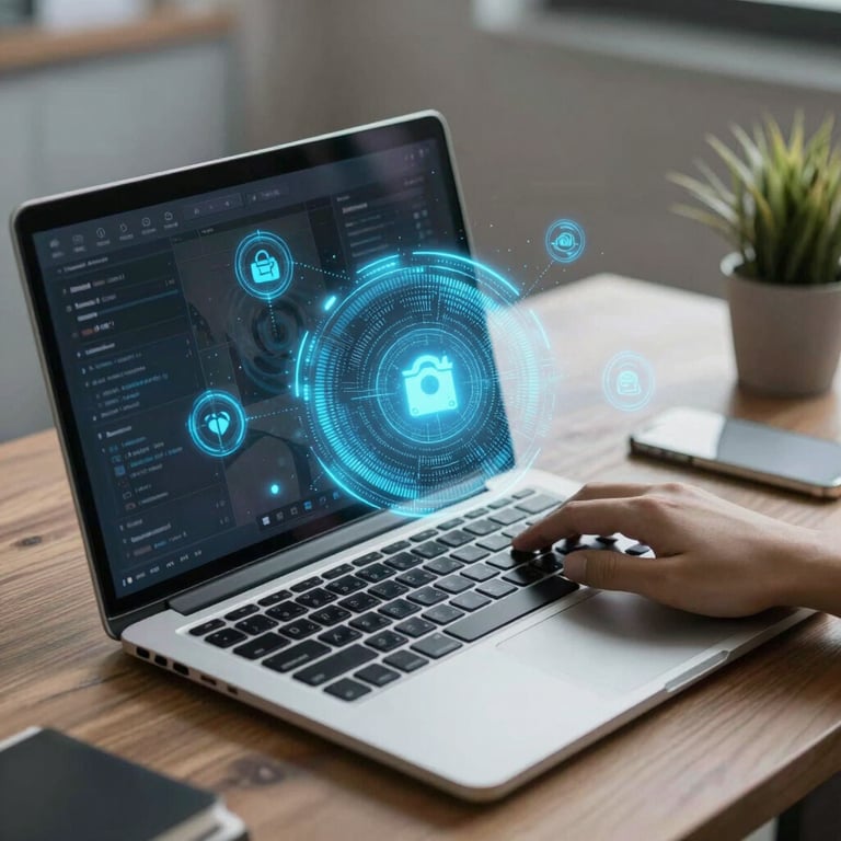 A clean, modern workspace with a laptop displaying code and notes scattered around, reflecting active learning and project work