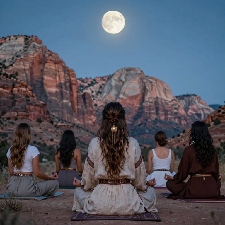 A person sitting cross-legged on a rock, meditating at sunset with mountains in the background.