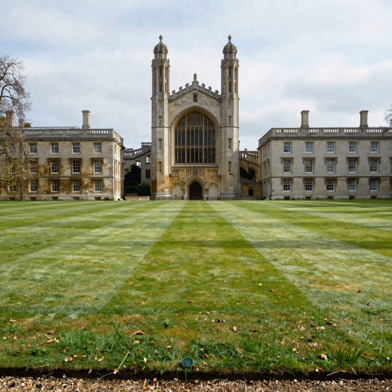A view of a manicured green lawn at a traditional British university campus with ivory towers in the distance.