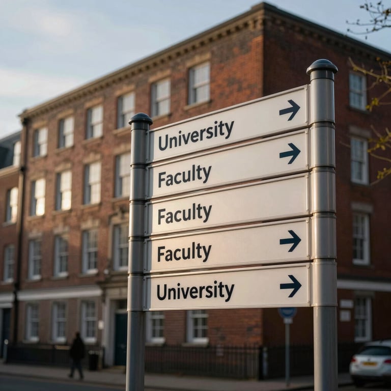 A street-level shot of a university signpost in the UK pointing toward various faculty buildings, late afternoon light.