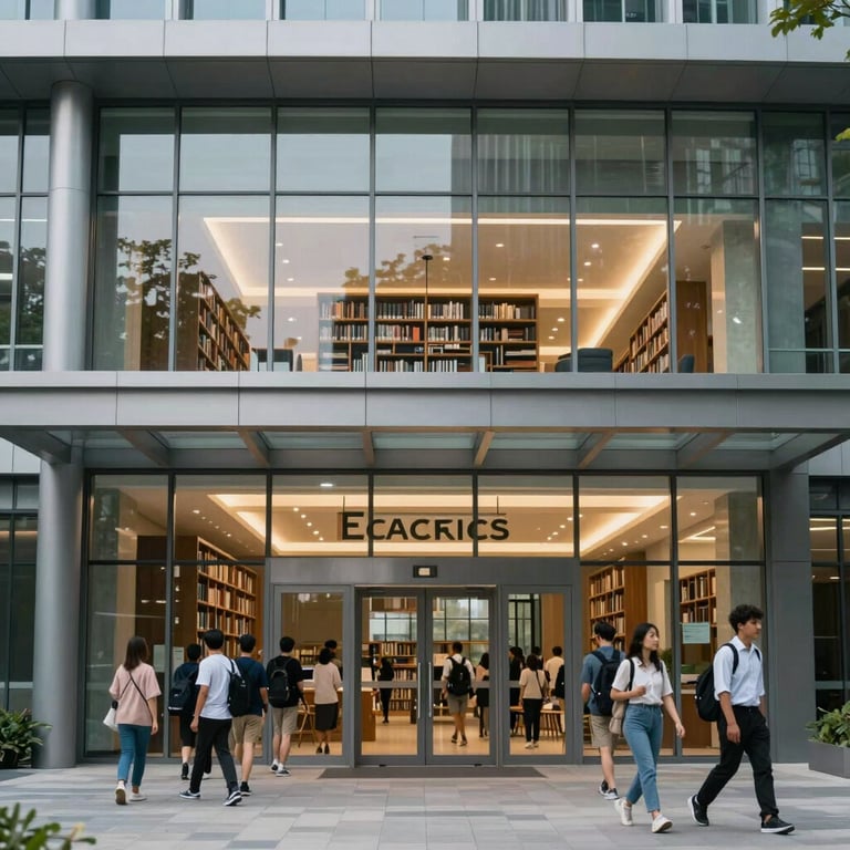 A modern glass-and-steel university library entrance with students walking in the foreground, professional lighting.