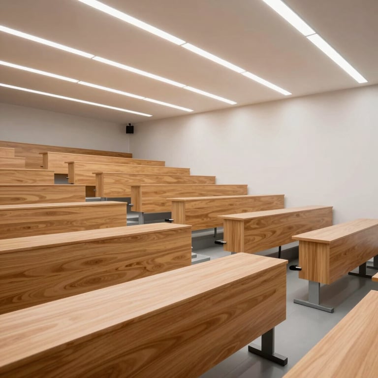 An interior shot of a contemporary, high-tech lecture hall with sleek wooden desks and white lighting.