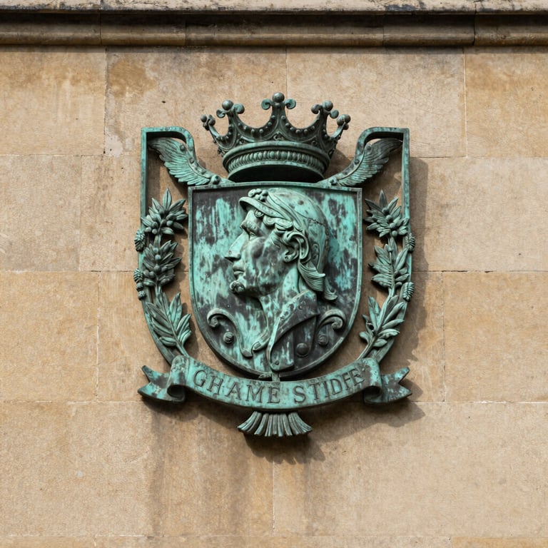 A close-up of a bronze crest mounted on an ancient stone college wall in the UK.