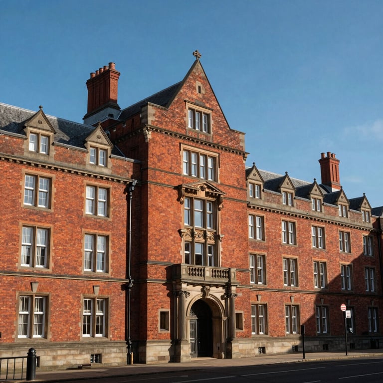 A sharp architectural photo of a grand, historic red-brick UK university building under a clear blue sky.