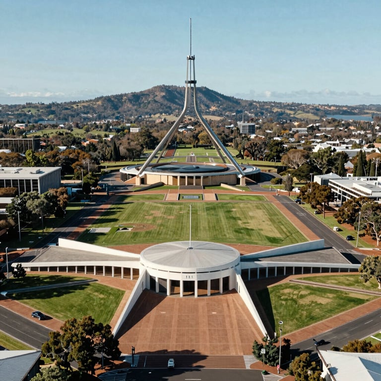 An aerial view of the Parliamentary Triangle in Canberra, focusing on the structured layout and green spaces under a clear sky.