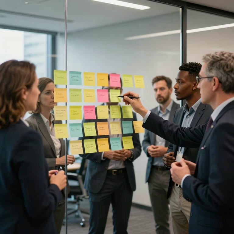A diverse group of policy leaders engaged in a workshop, using sticky notes on a glass wall in a professional Sydney office.