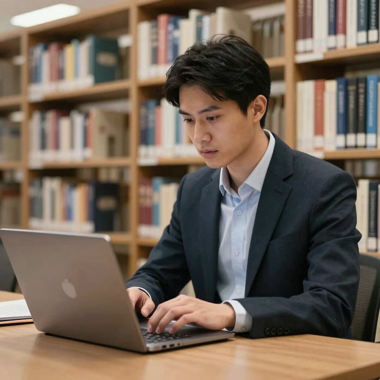 A professional focused on a laptop in a modern library or government archive, representing deep research and authoritative strategy.