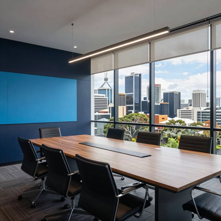 A wide-angle shot of a modern Australian boardroom in Canberra with a view of the city skyline, featuring deep navy and light blue accents in the decor.