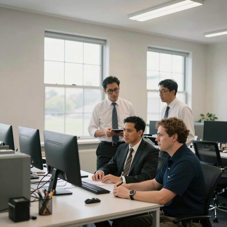 Professional Australian public servants collaborating in a bright, open-plan workspace with large windows and off-white walls.
