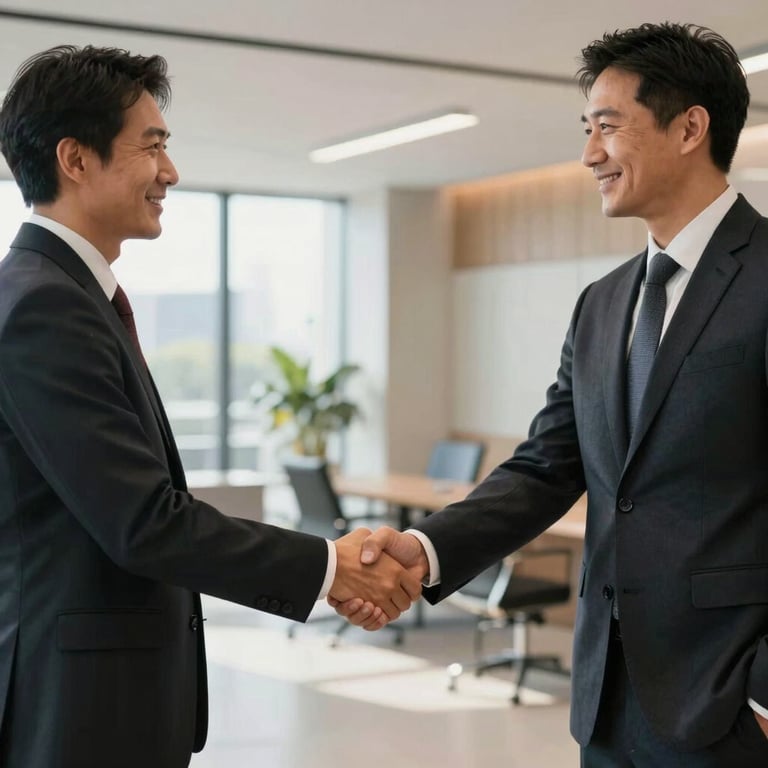 Two professionals in business attire shaking hands in a light-filled Australian office lobby, signifying a successful partnership.