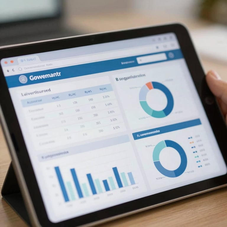 A close-up of a tablet displaying a clean data analytics dashboard in a government office setting, with soft natural lighting.