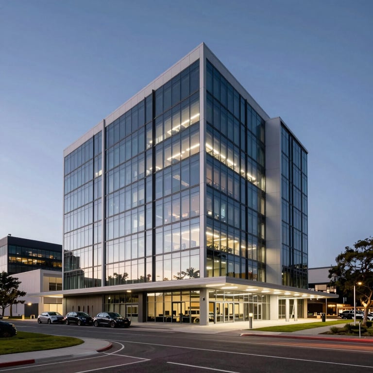 The exterior of a modern Australian technology precinct at dusk, illuminated with soft blue and white lights.