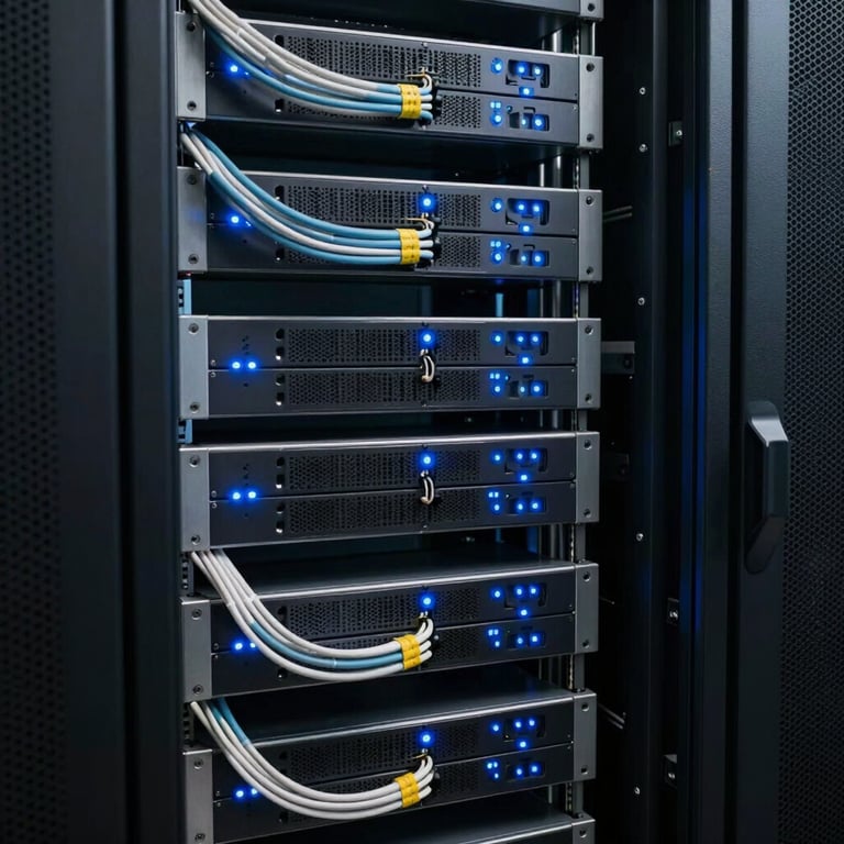 A high-end server room with organized cables and blue indicator lights, representing secure Australian digital infrastructure.