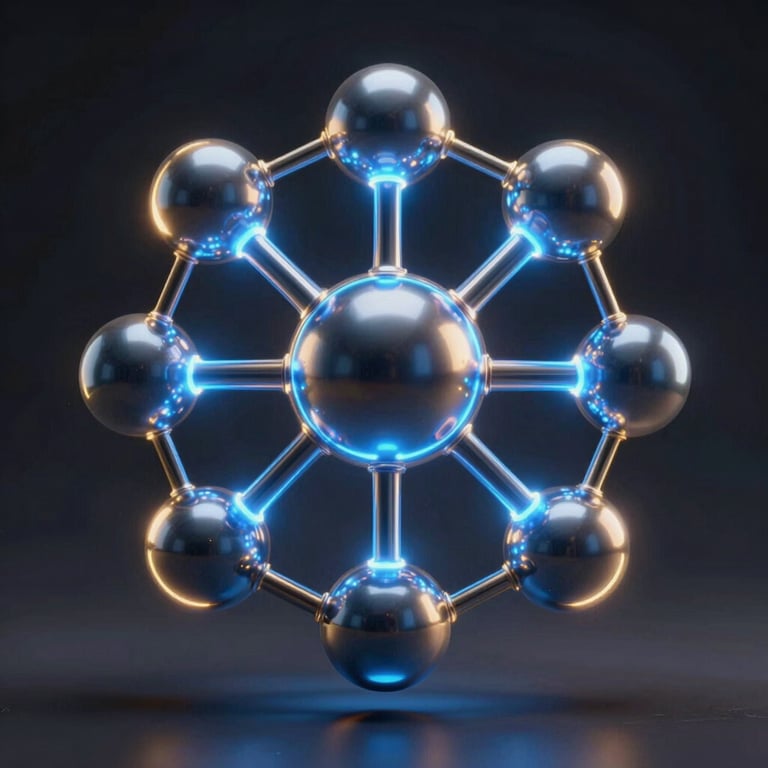 Abstract 3D metallic nodes glowing with neon blue and gold rim lights, dark ambient studio background, sharp focus.