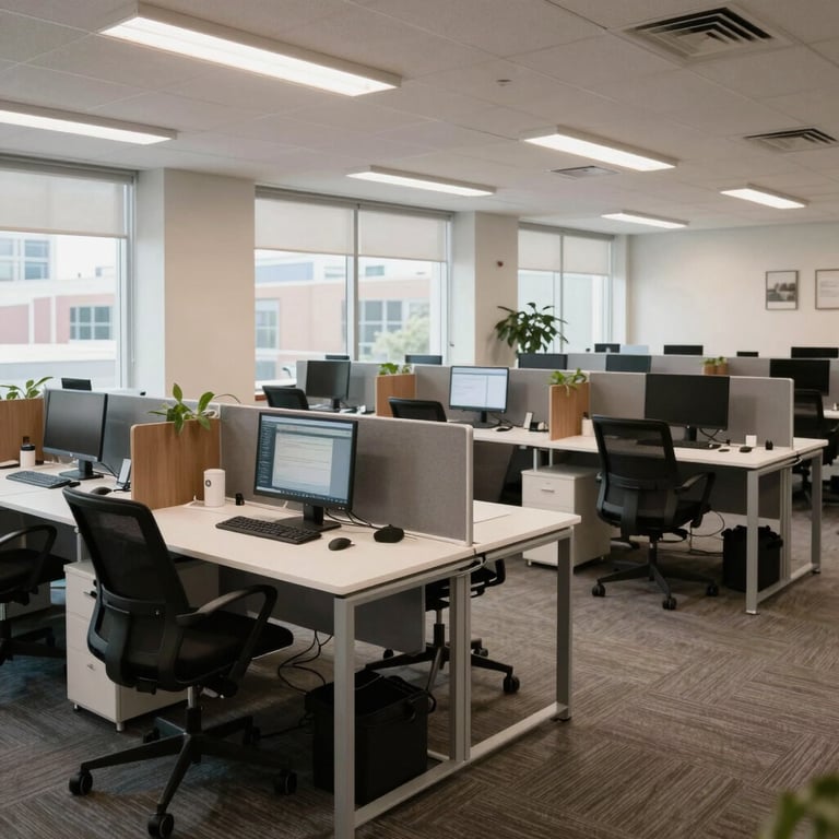 A bright, open-plan North American / US office space with tailored collaborative workstations.