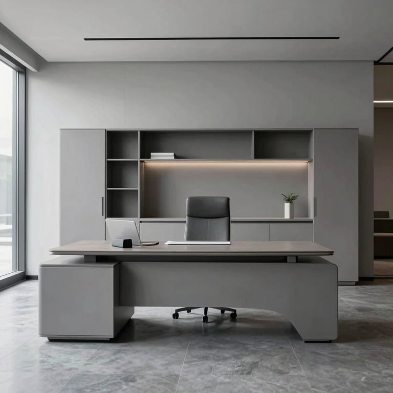 A modern executive office suite with custom-made minimalist furniture and neutral grey tones.