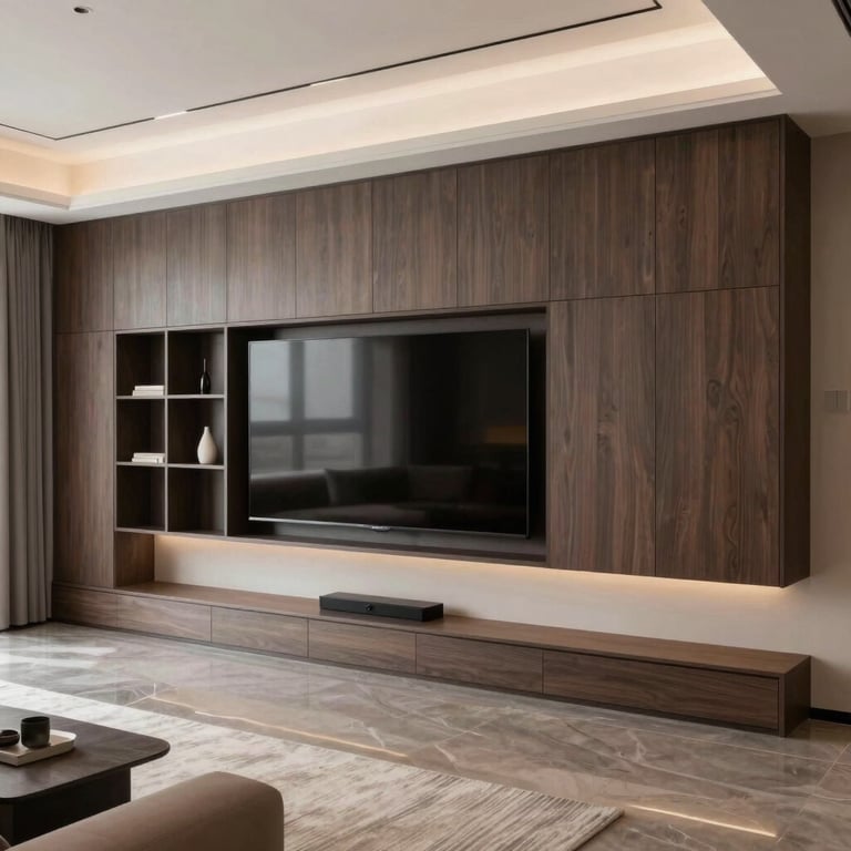 A contemporary residential living room featuring a floor-to-ceiling bespoke entertainment unit.
