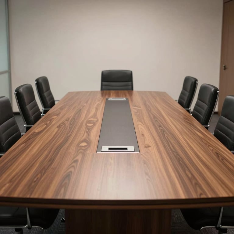 A sleek, professional conference room with a large handcrafted solid wood meeting table.