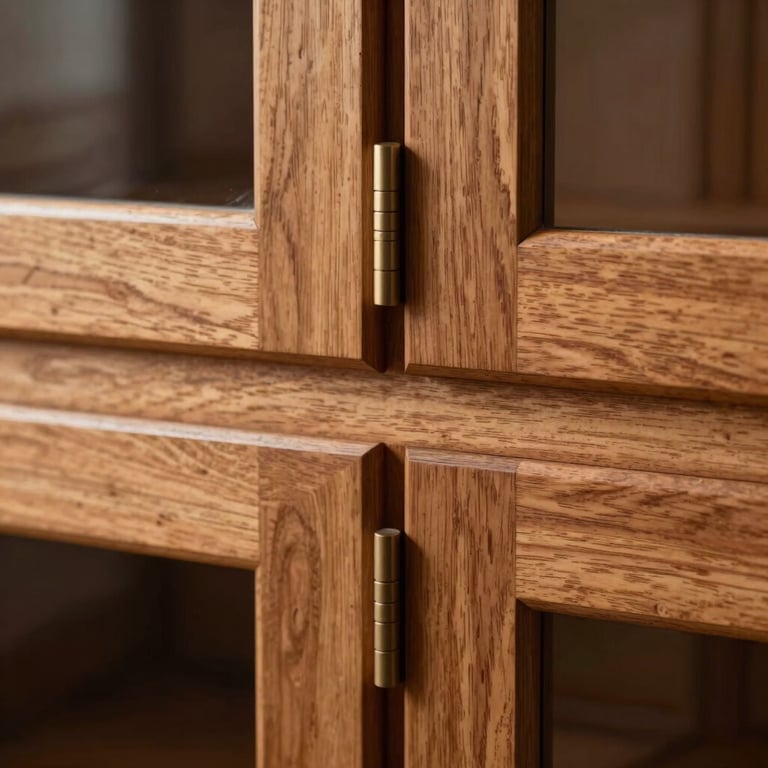 A close-up of masterfully crafted dovetail joints on a custom wooden cabinet in a North American / US residence.
