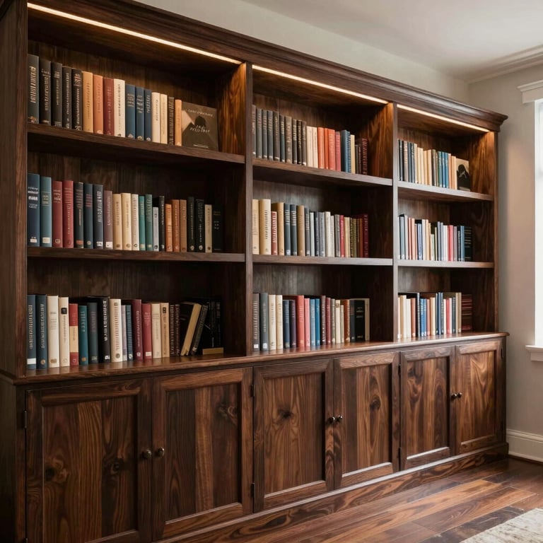 A cozy yet professional home library with custom-built dark wood shelving and integrated lighting.