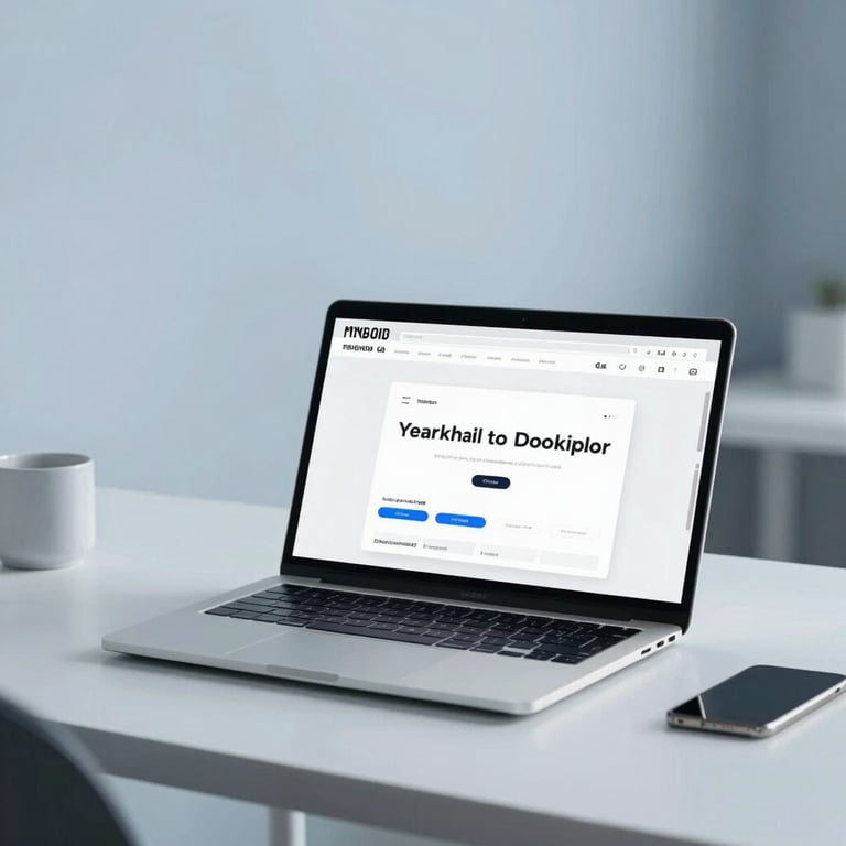 A minimalist web developer's workspace with a laptop showcasing clean design projects. Ample whitespace, soft blue tones.