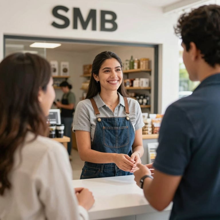 A smiling local business owner welcoming a customer in a bright, modern storefront in a Latin American and Spanish SMB market. Natural daylight, trustworthy vibe.
