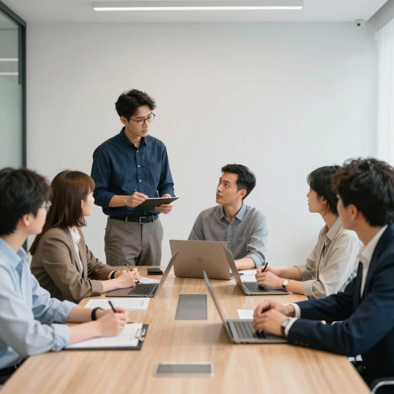 An interactive employee training session in a modern, clean meeting room. Professional team in business-casual attire discussing operational ideas.