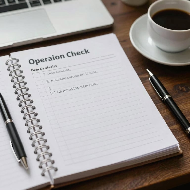 An organized desk with a notebook showing clean operation checklists, a pen, and a cup of coffee. Soft morning light, professional growth theme.