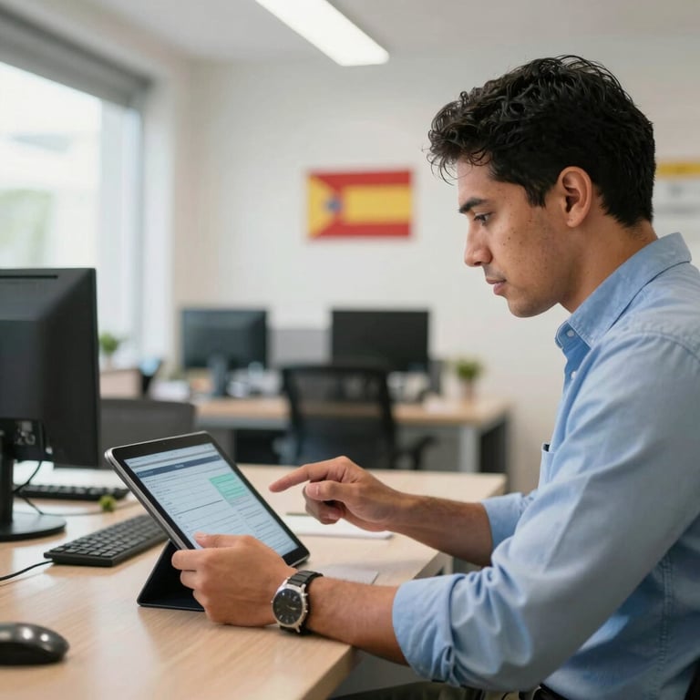 An entrepreneur reviewing a digital diagnostic report on a tablet in a bright, modern Latin American and Spanish local market office.