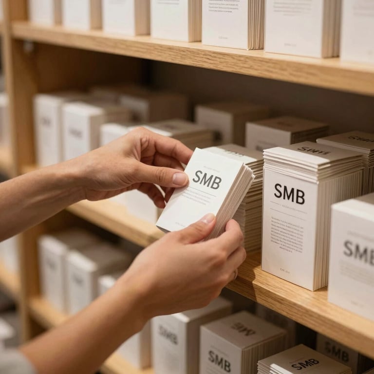 A close-up shot of hands organizing neatly labeled stock on wooden shelves in a local boutique. Warm, natural lighting, clean layout in a Latin American and Spanish SMB market setting.