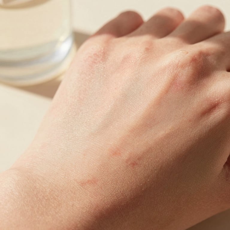 Extreme close-up of dehydrated skin texture with slight redness, soft natural morning light, warm editorial style