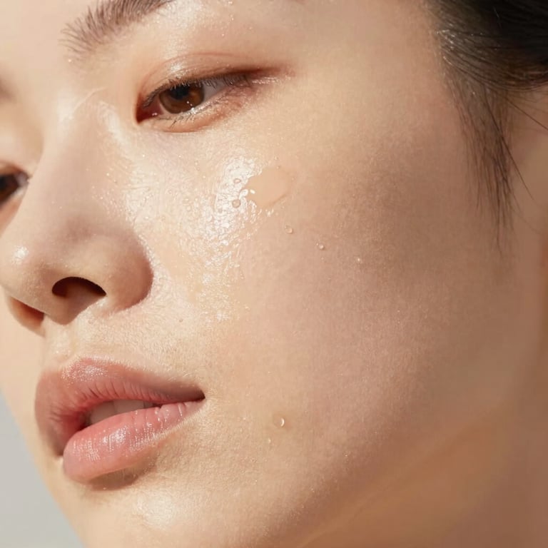 Extreme close-up of healthy radiant skin, smooth texture, dewy glow, soft morning sunlight, warm editorial photography
