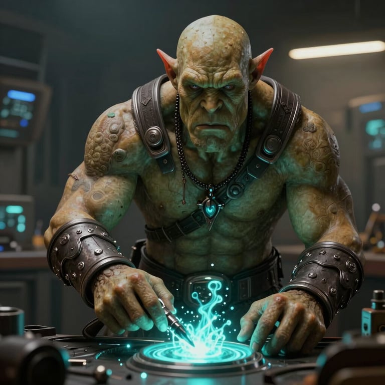 An orc engineer in a cyberpunk workshop, tools glowing with cyan energy, realistic skin textures, cinematic lighting.