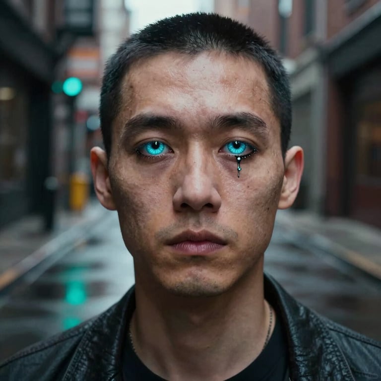 Portrait of a rogue with cybernetic eyes in a dark alleyway, cyan neon reflections on wet pavement, high-detail texture, North American urban setting.
