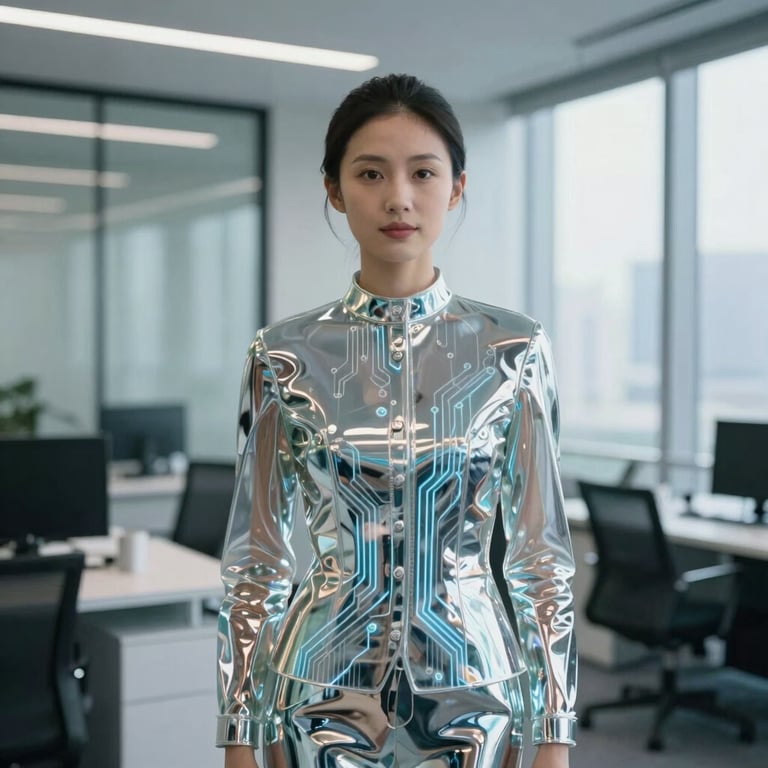 Portrait of a corporate AI diplomat in a sleek high-rise North American / US office, wearing reflective glass attire with subtle neon circuitry patterns.