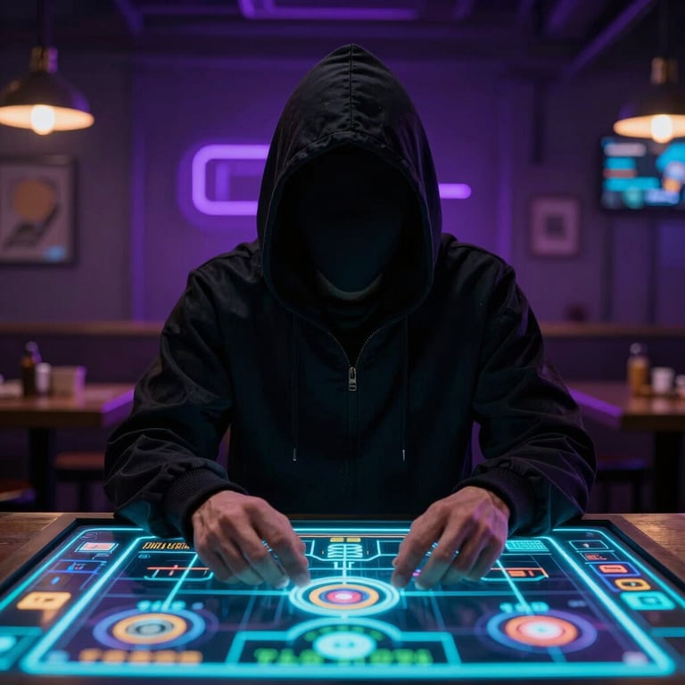 A mysterious hooded figure in a futuristic tavern, surrounded by holographic game boards, deep purple shadows and sharp cyan highlights.